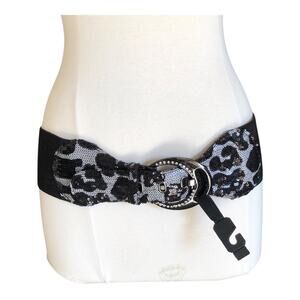 Women’s NIP Black Silver Animal Print Sequin Elastic Waistband Buckle Belt MD